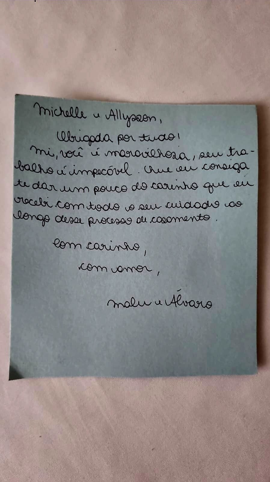 Bilhete de agradecimento escrito por Malu e Álvaro